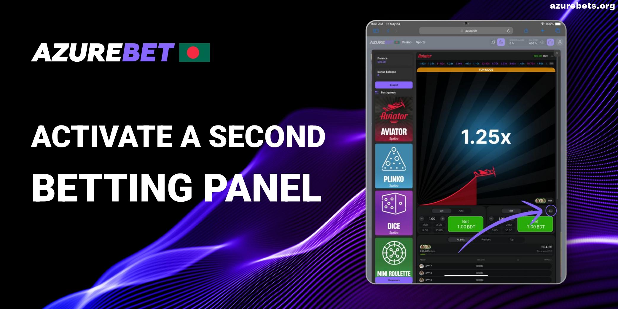 Activate a second betting panel in Aviator game Azurebet BD