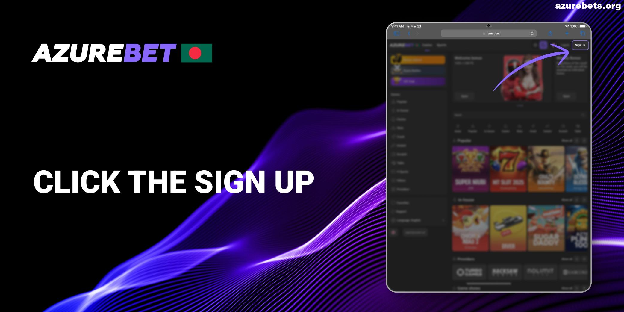 Located Sign Up button in Azurebet Website