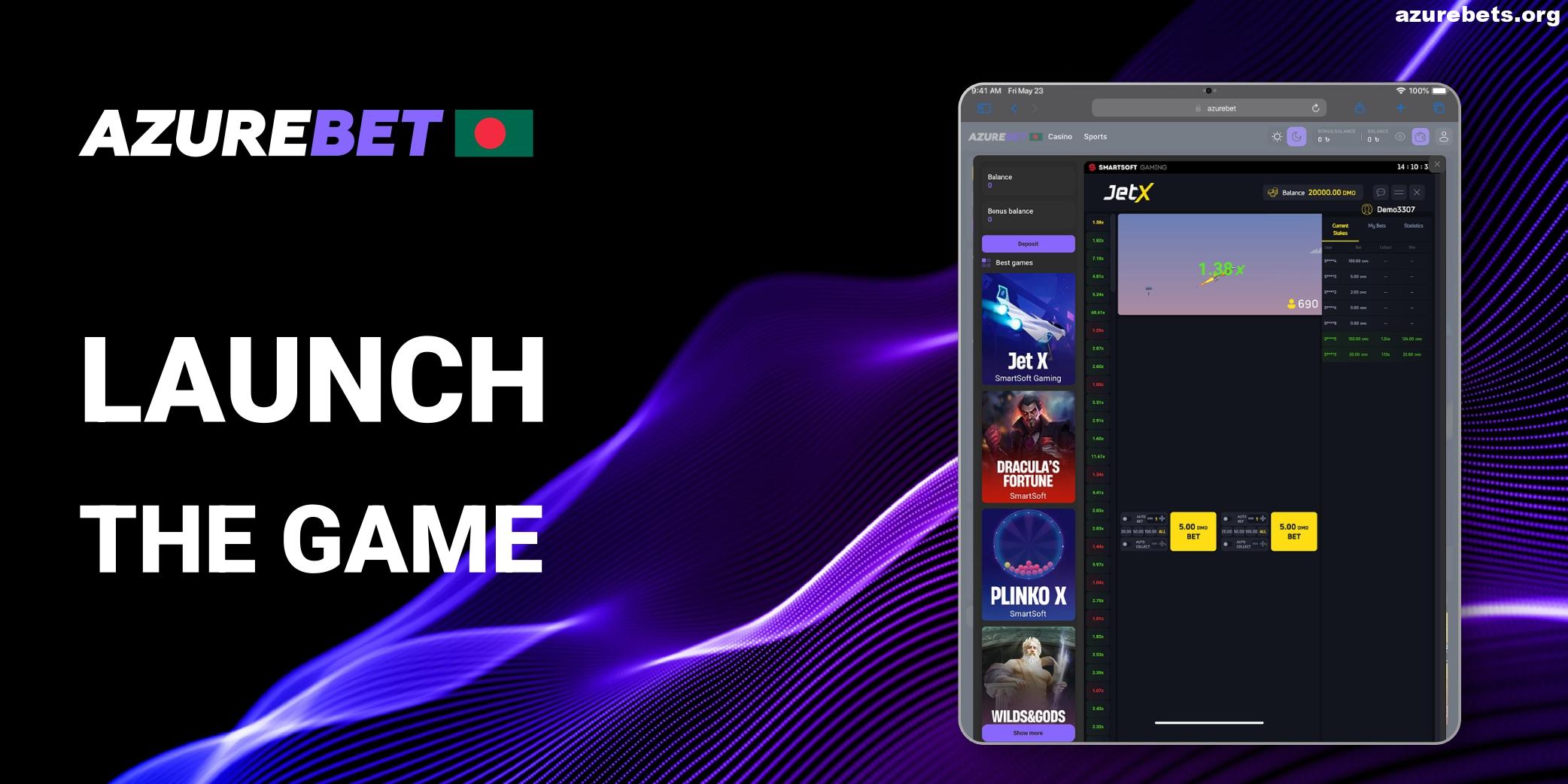 Launch the game JetX in Azurebet BD