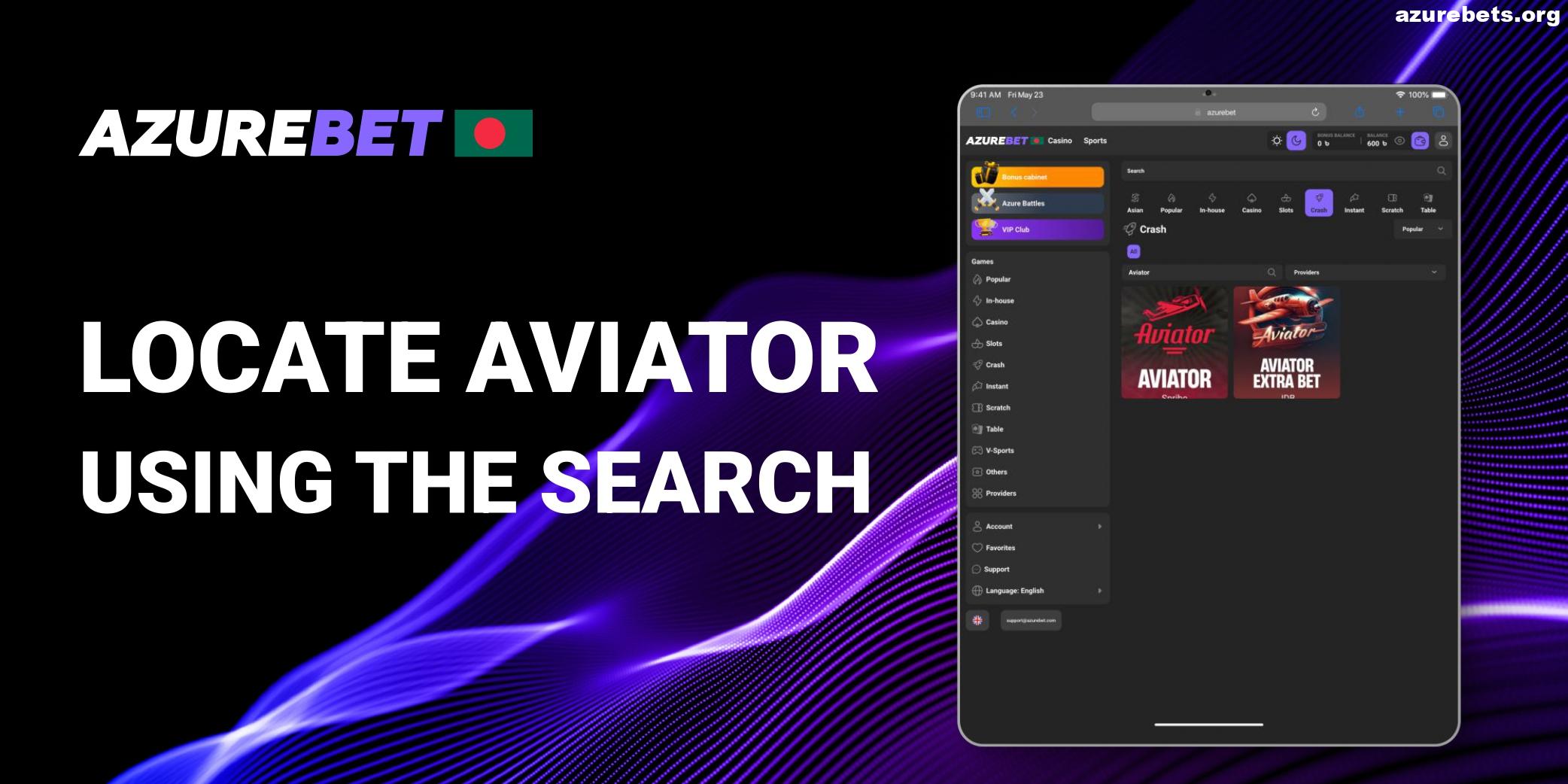 Locate Aviator in Azurebet Bangladesh website
