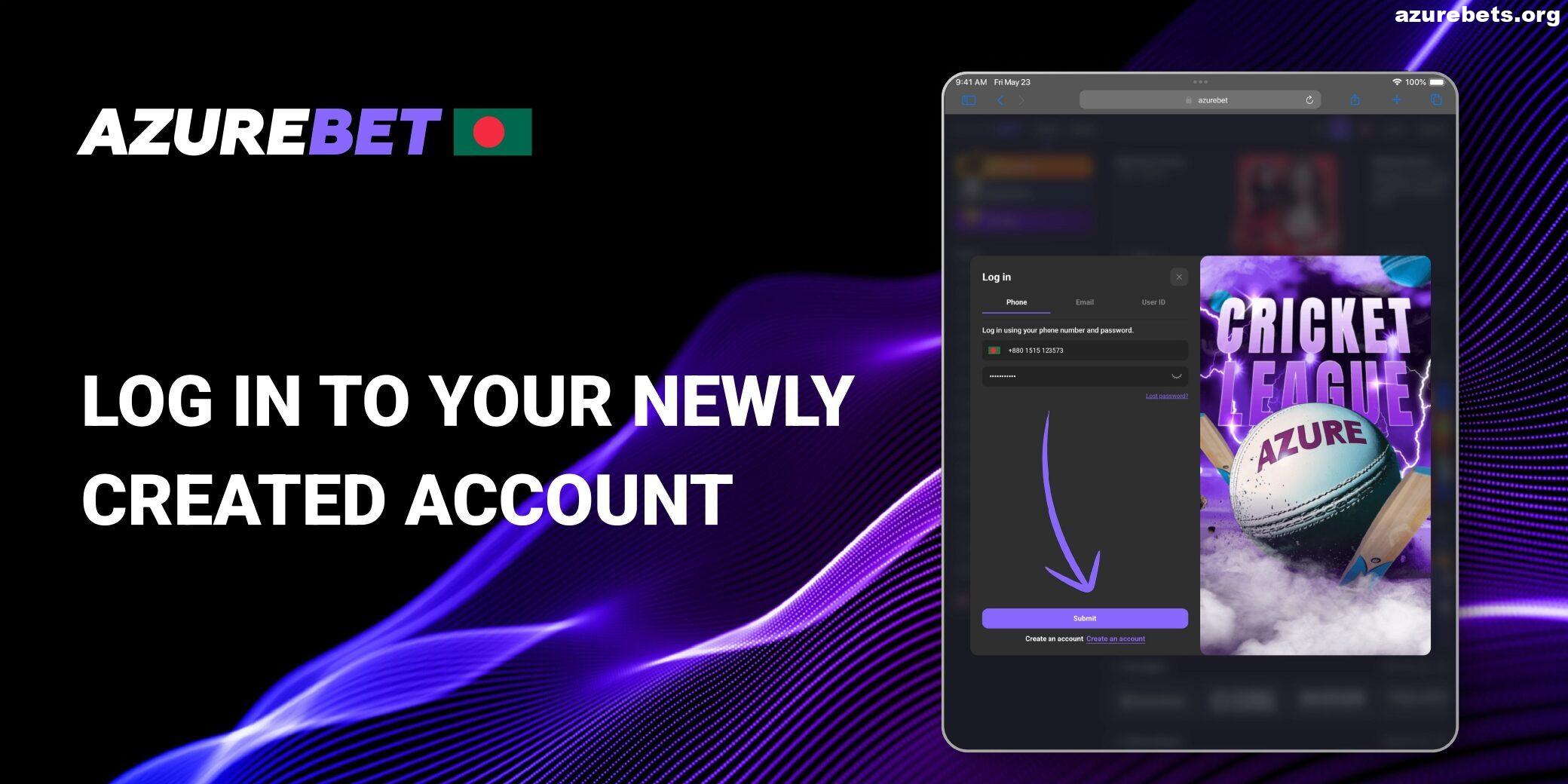 Log in your created Azurebet account