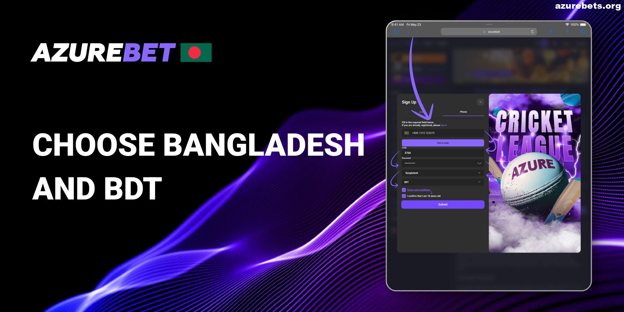 Choose country and currency in signing up form Azurebet BD