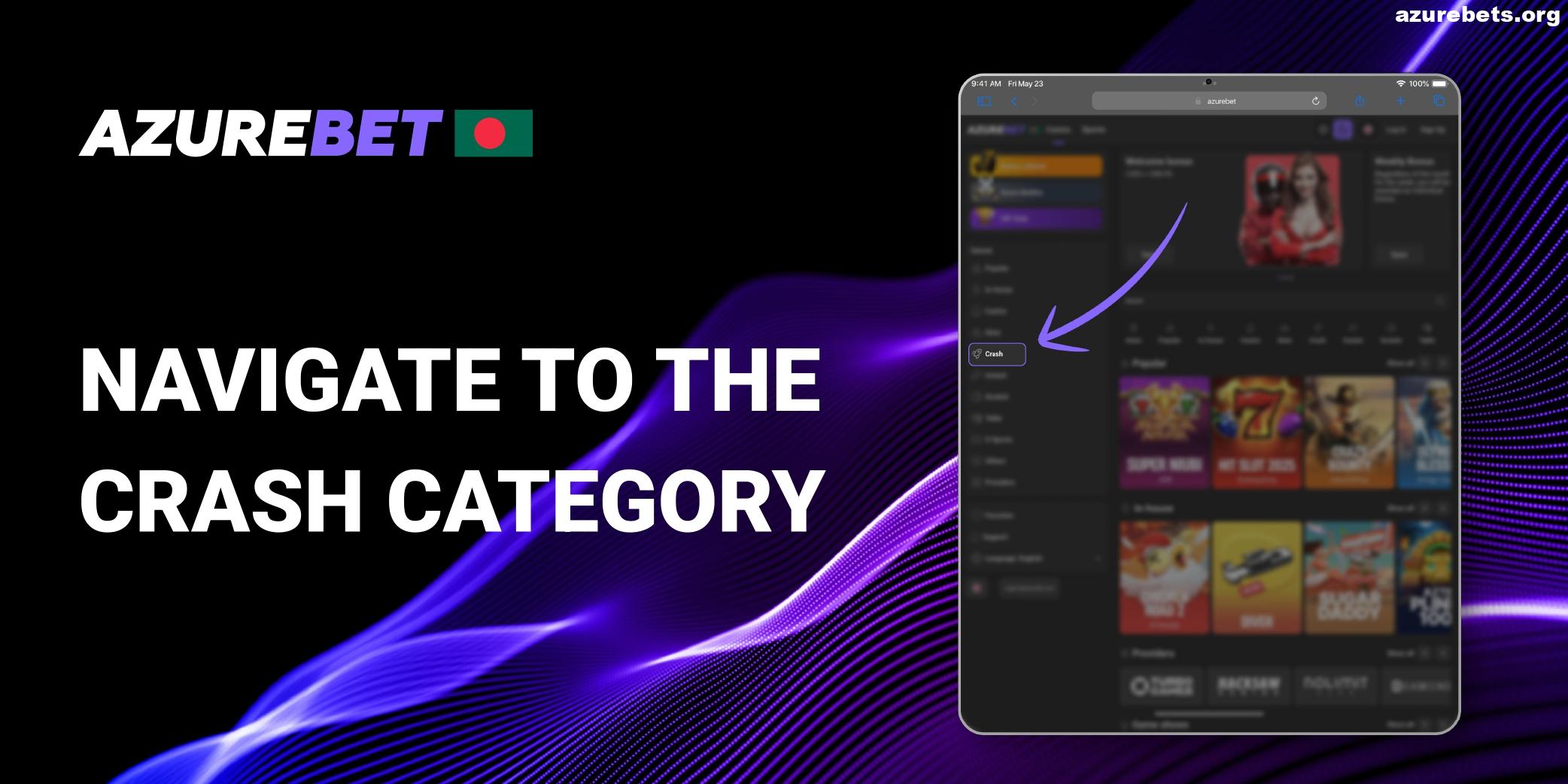 Navigate to the Crash games category in Azurebet BD