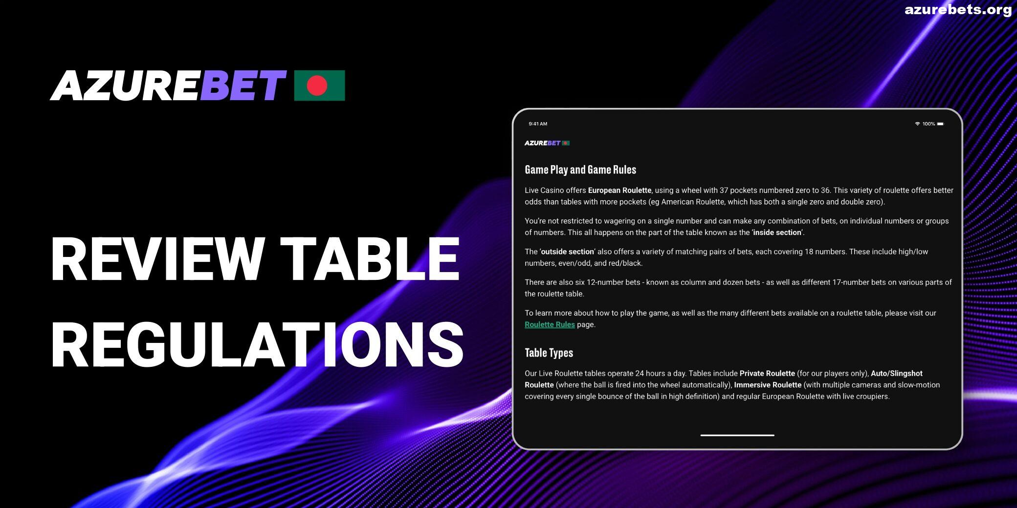Review table rules Azurebet BD