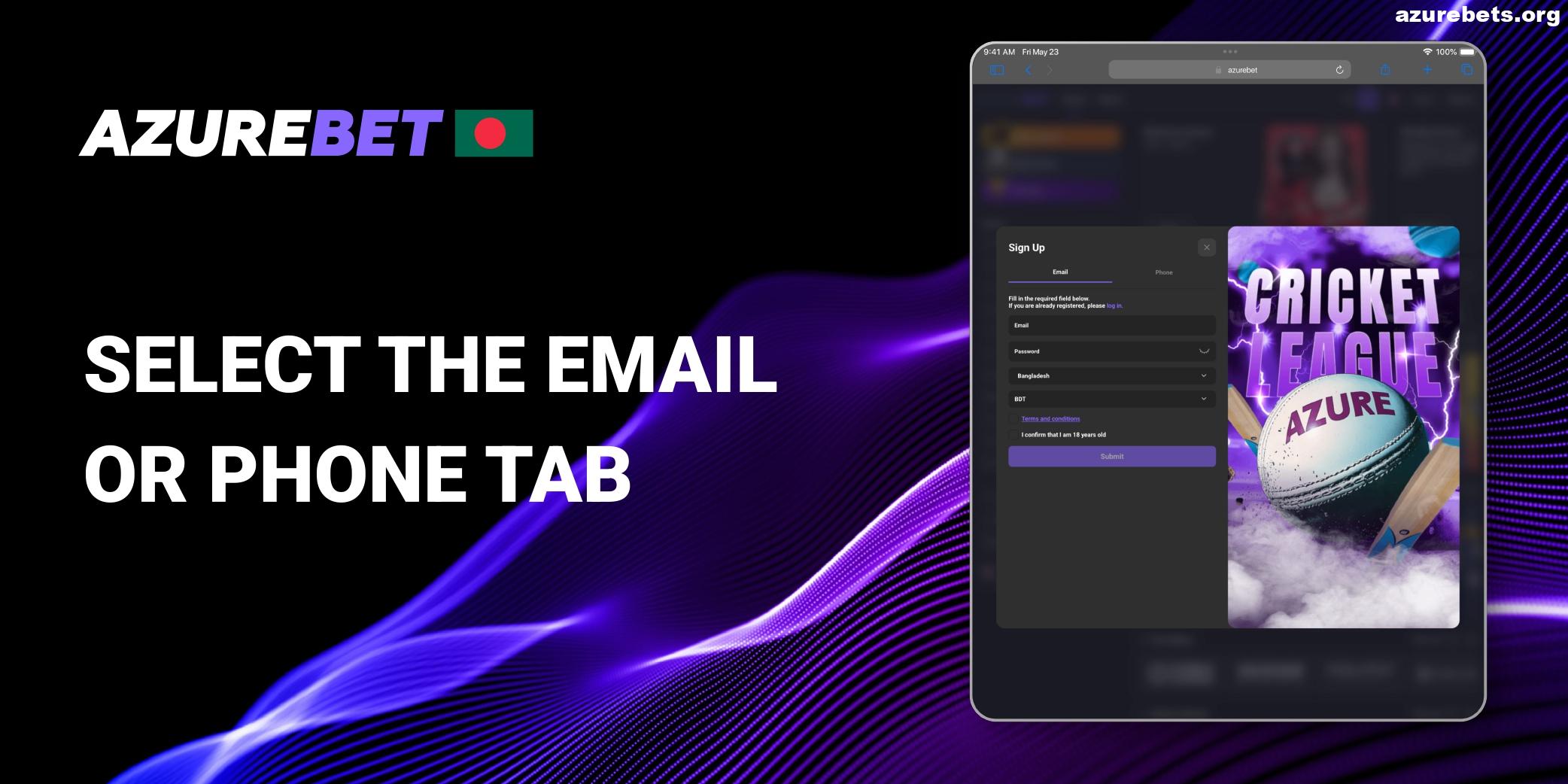 Select Email for Signing Up Azurebet Account