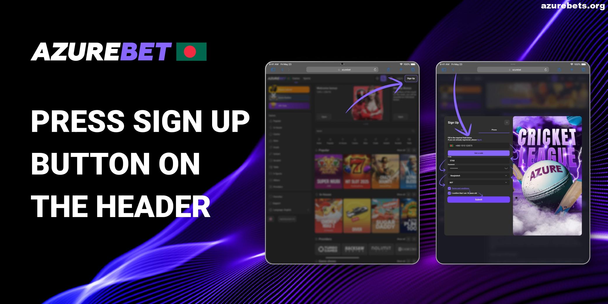 Signing Up on the gaming Azurebet BD site