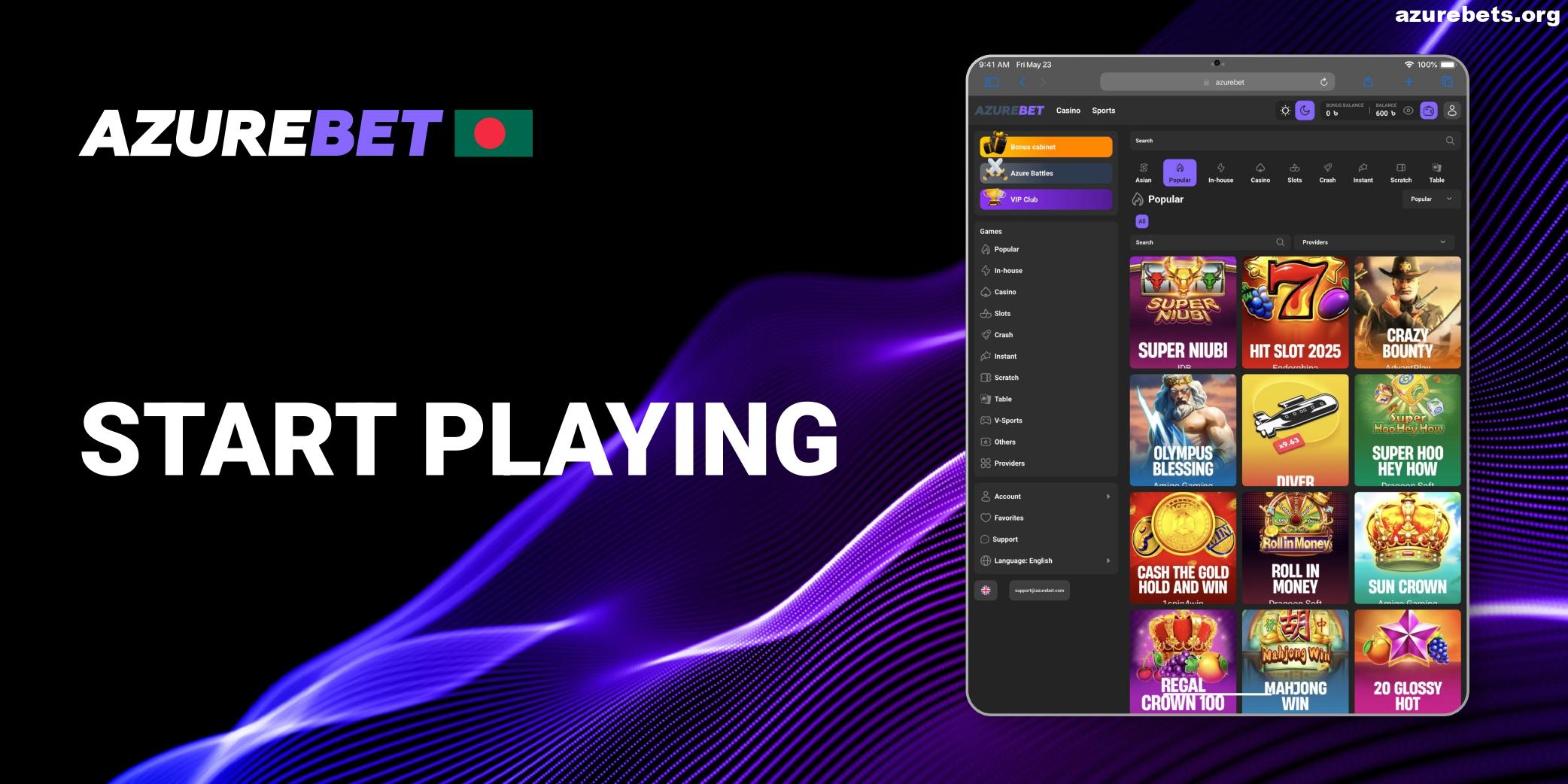 Start playing after deposit in Azurebet Bangladesh